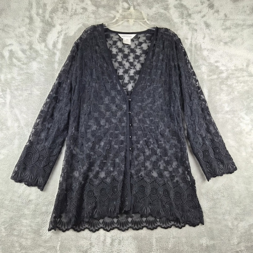 Exclusively Misook Cardigan Womens Medium Black Sheer Floral Lace Embroidered